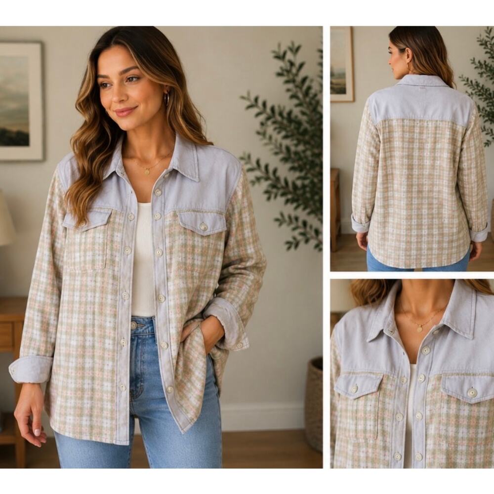 Hem & Thread Plaid Shacket Jacket - Light Beige & Gray
